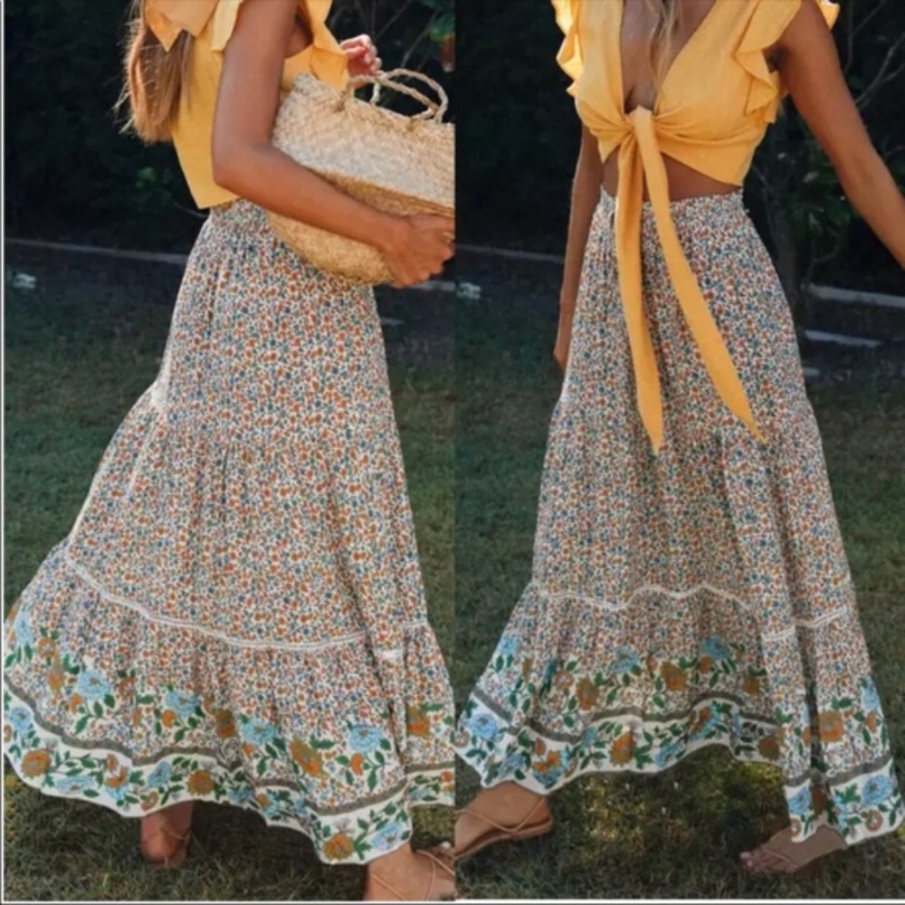 Bohemian Red Floral Print Gypsy Maxi Skirt - Picture 8 of 15